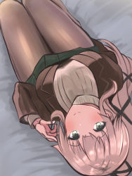 Rule 34 | black pantyhose, blush, brown coat, coat, eureka (eureka-0075), from above, green eyes, green skirt, hair flaps, highres, kantai collection, long hair, looking at viewer, looking up, official alternate costume, pantyhose, pink hair, pleated skirt, ponytail, ribbed sweater, sitting, skirt, smile, solo, sweater, thighs, very long hair, white sweater, yura (kancolle)