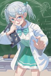 Rule 34 | 1girl, absurdres, adjusting eyewear, blue eyes, blue ribbon, board eraser, breast pocket, chalk, chalkboard, classroom, clipboard, coat, collared shirt, glasses, green skirt, highres, holding, holding chalk, holding clipboard, indie virtual youtuber, indoors, looking at viewer, open mouth, pleated skirt, pocket, ranari, red-framed eyewear, ribbon, round eyewear, shirt, shirt tucked in, short twintails, skirt, smile, solo, teeth, tongue, tongue out, twintails, usui clear, virtual youtuber, white hair, white shirt