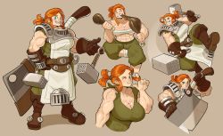 Rule 34 | 1girl, abs, absurdres, aggie (cee-haz), axe, bare shoulders, boots, breasts, cee-haz, cleavage, female focus, food, freckles, gloves, green eyes, hammer, highres, large breasts, meat, muscular, muscular female, orange hair, solo, weapon