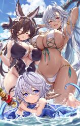Rule 34 | + +, 3girls, :d, afloat, animal ear fluff, animal ears, armlet, armpits, arms behind head, arms up, barefoot, bikini, black one-piece swimsuit, blue eyes, blue hair, blue sky, breasts, brown hair, cleavage, closed eyes, closed mouth, cloud, dark-skinned female, dark skin, day, fangs, fediel (granblue fantasy), flower, galleon (granblue fantasy), gloves, granblue fantasy, grey hair, groin, hair between eyes, hair flower, hair ornament, highres, horns, huge breasts, innertube, ks (xephyrks), long hair, looking at viewer, lying, multicolored hair, multiple girls, navel, on stomach, one-piece swimsuit, open mouth, outdoors, pointy ears, red eyes, short hair, sky, smile, standing, streaked hair, swim ring, swimsuit, two-tone hair, wading, wamdus (granblue fantasy), water, water drop, wet, white gloves, white hair