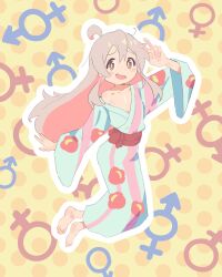 Rule 34 | 1girl, :d, ahoge, barefoot, blush stickers, brown eyes, collarbone, colored inner hair, commentary, flat chest, floral print, full body, grey hair, gustavo schuler, hair between eyes, hand up, highres, japanese clothes, kimono, long hair, long sleeves, male-female symbol, mars symbol, multicolored hair, off shoulder, onii-chan wa oshimai!, open mouth, outline, oyama mahiro, pink hair, polka dot, polka dot background, sash, simple background, single bare shoulder, smile, solo, two-tone hair, v, venus symbol, wavy mouth, white outline, wide sleeves, yellow background, yukata