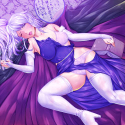 Rule 34 | 1girl, boots, bra, bridal gauntlets, detached sleeves, elbow gloves, female focus, fire emblem, fire emblem: genealogy of the holy war, gloves, harihisa, ishtar (fire emblem), lace, lace-trimmed bra, lace trim, long hair, nintendo, one eye closed, panties, pantyshot, purple bra, purple eyes, purple hair, purple panties, solo, thigh boots, thighhighs, torn clothes, translation request, underwear, white thighhighs