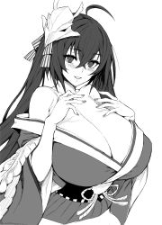 Rule 34 | 1girl, absurdres, ahoge, azur lane, bare shoulders, blush, breasts, cleavage, collarbone, commentary request, fingernails, greyscale, hair between eyes, hair ornament, highres, huge breasts, japanese clothes, kimono, long hair, looking at viewer, monochrome, parted lips, sash, simple background, smile, solo, taihou (azur lane), upper body, white background, whoosaku