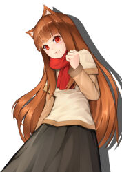 Rule 34 | 1girl, animal ear fluff, animal ears, arm at side, black skirt, blunt bangs, blush, bright pupils, brown hair, clenched hand, closed mouth, commentary, cowboy shot, drop shadow, eyebrows hidden by hair, hand up, holo, kirishima itsuki, long hair, long sleeves, looking at viewer, red eyes, red scarf, scarf, shirt, short sleeves, sidelocks, simple background, skirt, smile, solo, spice and wolf, straight hair, tail, very long hair, white background, white shirt, wolf ears, wolf tail