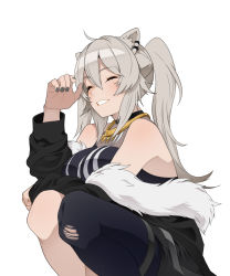 Rule 34 | 1girl, ahoge, alternate hairstyle, animal ears, black jacket, black nails, black pantyhose, black shirt, blush, breasts, cleavage, closed eyes, commentary, ear piercing, eyebrows hidden by hair, feet out of frame, from side, fur-trimmed jacket, fur trim, grey hair, grin, hair between eyes, hololive, jacket, jewelry, knees to chest, lion ears, long hair, medium breasts, nail polish, necklace, off shoulder, pantyhose, piercing, plain 222, ponytail, see-through, see-through cleavage, shirt, shishiro botan, shishiro botan (1st costume), sidelocks, simple background, single leg pantyhose, sleeveless, sleeveless shirt, smile, solo, squatting, striped clothes, striped shirt, thigh strap, torn clothes, torn pantyhose, vertical-striped clothes, vertical-striped shirt, virtual youtuber, white background