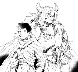 Rule 34 | 2boys, armor, cape, greyscale, horns, long hair, long sleeves, male focus, mitosansan, monochrome, multiple boys, original, serious, simple background, upper body, white background