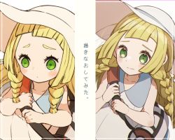 Rule 34 | 1girl, aged down, bag, bare arms, blonde hair, blush, braid, closed mouth, collarbone, commentary request, creatures (company), dress, duffel bag, eyelashes, game freak, green eyes, hands up, hat, holding strap, kenshi (ne5 a2), lillie (pokemon), long hair, nintendo, pokemon, pokemon sm, sleeveless, sleeveless dress, translation request, twin braids, white bag, white dress
