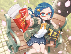 Rule 34 | + +, 1girl, aqua eyes, backpack, bag, bandaid, bandaid on leg, black skirt, blue hair, blush, bow, bowtie, breasts, collared shirt, commentary, dress shirt, english commentary, falling petals, feet out of frame, fisheye, food, glasses, green jacket, hair ornament, hairclip, highres, holding snack, incoming food, jacket, long hair, looking at viewer, low ponytail, miniskirt, mouth hold, on bench, open box, open clothes, open jacket, original, p-man, petals, pleated skirt, pocky, red-framed eyewear, shirt, sitting, skirt, sleeves past elbows, small breasts, solo, star (symbol), star hair ornament, v-shaped eyebrows, white shirt, yellow bow, yellow bowtie