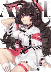 Rule 34 | 1girl, :3, :q, animal ears, april (arknights), arknights, arm up, asymmetrical clothes, asymmetrical sleeves, black hair, blush, breasts, character name, collared dress, digital media player, dress, feet out of frame, hand in own hair, headphones, invisible chair, karokuchitose, kneehighs, long hair, long sleeves, looking at viewer, medium breasts, patterned background, purple eyes, rabbit ears, short sleeves, sitting, socks, solo, thigh strap, tongue, tongue out, underbust, uneven sleeves, very long hair, white dress, white socks