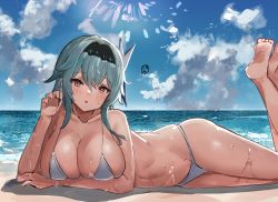 Rule 34 | 1girl, :o, barefoot, beach, black hairband, blue hair, blush, breasts, cleavage, cloud, collarbone, eula (genshin impact), feet, genshin impact, hair between eyes, hair ornament, hairband, highres, large breasts, legs, legs up, long hair, looking at viewer, lying, ocean, on side, outdoors, sky, soles, solo, sweat, swimsuit, the olphy, thighs, toes, wet, yellow eyes
