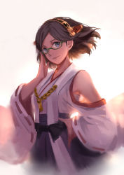 Rule 34 | 10s, 1girl, absurdres, bare shoulders, black hair, detached sleeves, glasses, green-framed eyewear, hairband, highres, japanese clothes, kantai collection, kirishima (kancolle), looking at viewer, nontraditional miko, semi-rimless eyewear, short hair, simple background, sketch, smile, sola7764, solo, under-rim eyewear