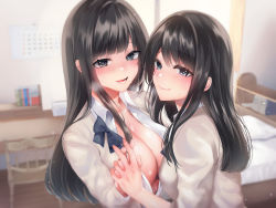 Rule 34 | 2girls, :d, bed, beige jacket, black eyes, blue neckwear, blurry, blurry background, blush, bow, bowtie, breasts, calendar (object), chair, closed mouth, collared shirt, day, desk, heart, heart-shaped pupils, heavy breathing, highres, holding hands, indoors, jacket, large breasts, light particles, long hair, loose neckwear, multiple girls, open mouth, original, partially unbuttoned, sakiryo kanna, shirt, siblings, sidelocks, sisters, smile, sunlight, symbol-shaped pupils, undone bowtie, white shirt, window