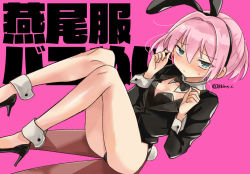 Rule 34 | 1girl, alternate costume, animal ears, bare legs, black footwear, black jacket, black leotard, blue eyes, bow, bowtie, breasts, commentary request, detached collar, dutch angle, fake animal ears, high heels, jacket, kantai collection, leotard, looking at viewer, pink hair, playboy bunny, ponytail, r-king, rabbit ears, rabbit tail, shiranui (kancolle), short hair, sitting, small breasts, solo, strapless, strapless leotard, tail, tailcoat, twitter username, wrist cuffs