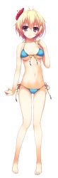 Rule 34 | 1girl, absurdres, bare legs, bare shoulders, bikini, blonde hair, blush, brown eyes, flower, front-tie top, full body, hair flower, hair ornament, hand on own chest, highres, looking at viewer, navel, non-web source, nozomi (reminiscence), panties, reminiscence, side-tie bikini bottom, side-tie panties, smile, solo, strap gap, swimsuit, tomose shunsaku, transparent background, underwear, white background
