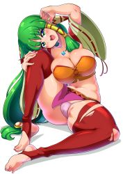 Rule 34 | 1girl, absurdres, breasts, cleavage, feena (grandia), feet, full body, grandia, grandia i, green eyes, green hair, hair ornament, hair tubes, highres, jewelry, large breasts, long hair, looking at viewer, low-tied long hair, midriff, navel, necklace, open mouth, ryoi, simple background, skirt, smile, solo, thighhighs, torn clothes, white background, wide sleeves