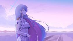 Rule 34 | 1girl, absurdres, basa rutan, blue archive, blue eyes, blue hair, braid, closed mouth, cloud, colored inner hair, cropped jacket, general student council president (blue archive), halo, highres, jacket, long hair, long skirt, long sleeves, looking up, mixed-language commentary, multicolored hair, outdoors, pink hair, railroad tracks, skirt, sky, solo, two-tone hair, water, white jacket, white skirt