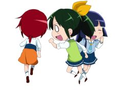 Rule 34 | 3girls, :d, animated, animated gif, aoki reika, blue hair, blue necktie, closed eyes, green hair, hair ornament, hairclip, hino akane (smile precure!), kill me baby, lowres, midorikawa nao, multiple girls, necktie, o o, open mouth, parody, ponytail, precure, red hair, running, school uniform, smile, smile precure!