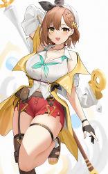 Rule 34 | 1girl, :d, arm up, atelier (series), atelier ryza, belt, black footwear, black gloves, blue neckerchief, braid, brown belt, brown hair, collared shirt, cross-laced clothes, detached sleeves, earrings, glint, gloves, hat, highres, holding, holding staff, jacket, jewelry, key, key necklace, leather belt, looking at viewer, neckerchief, necklace, open mouth, partially fingerless gloves, pouch, qing wu, red shorts, reisalin stout, sandals, shirt, short hair, short shorts, shorts, single detached sleeve, single thighhigh, sleeveless, sleeveless jacket, sleeveless shirt, smile, solo, staff, star (symbol), star earrings, thigh strap, thighhighs, thighs, white background, white hat, white shirt, white sleeves, yellow eyes, yellow jacket