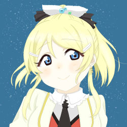 Rule 34 | 1girl, absurdres, artist name, artist request, ayase eli, black bow, black necktie, black ribbon, blonde hair, blue eyes, blue sky, blush, bow, breasts, close-up, cloud, collar, collared shirt, cropped jacket, cuffs, dress, dress shirt, earrings, female focus, floating hair, frilled collar, frilled shirt collar, frills, hair between eyes, hair bow, hair ornament, hair ribbon, hairclip, high ponytail, highres, jacket, jewelry, layered clothes, long hair, long sleeves, looking at viewer, love live!, love live! school idol festival, love live! school idol project, necktie, outdoors, parted lips, ponytail, red shirt, ribbon, shirt, short hair, sky, small breasts, smile, solo, sore wa bokutachi no kiseki, star (sky), swept bangs, upper body, white bow, wing collar