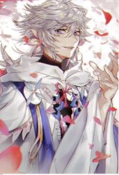 Rule 34 | 1boy, ahoge, bishounen, center frills, eyebrows, fate/grand order, fate (series), flower, flower knot, frills, hair between eyes, hair ornament, hood, hood down, hooded robe, long hair, long sleeves, looking at viewer, male focus, merlin (fate), mina (1532), multicolored hair, open mouth, petals, pink ribbon, purple eyes, ribbon, robe, simple background, solo, tassel, turtleneck, two-tone hair, upper body, very long hair, white background, white hair, white robe, wide sleeves