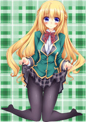 Rule 34 | 10s, 1girl, absurdres, alternate costume, bad id, bad pixiv id, black pantyhose, blonde hair, blush, clothes lift, highres, long hair, neptune (series), open mouth, pantyhose, plaid, plaid background, ribbon, skirt, skirt lift, solo, thighs, uniform, vert (neptunia), zero-theme
