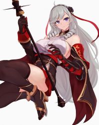 Rule 34 | 1girl, ahoge, algerie (azur lane), azur lane, black footwear, black gloves, black thighhighs, blue eyes, breasts, collarbone, commentary request, detached collar, detached sleeves, eyes visible through hair, gauntlets, gloves, hair ribbon, hairband, high heels, highres, holding, holding scepter, large breasts, long hair, looking at viewer, marshall k, mole, mole under eye, pleated skirt, red skirt, ribbon, scepter, sideboob, sidelocks, silver hair, simple background, skirt, smile, solo, thighhighs, turtleneck, white background