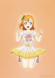 Rule 34 | 1girl, a song for you! you? you!, artist name, artist request, bare legs, belt, blue eyes, blush, breasts, buttons, clenched hands, collarbone, female focus, flower, flower print, full body, hair between eyes, hair flower, hair ornament, highres, jumping, kosaka honoka, leaf hair ornament, long hair, looking at viewer, love live!, love live! school idol festival, love live! school idol project, miniskirt, neckerchief, orange background, orange hair, parted lips, pink neckerchief, plaid, plaid skirt, pleated, pleated skirt, sailor collar, shirt, shoes, short ponytail, short sleeves, side ponytail, skirt, small breasts, smile, solo, sunflower, white belt, white footwear, white legwear, white sailor collar, white shirt, white skirt, yellow flower, yellow footwear