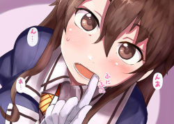 Rule 34 | 10s, ashigara (kancolle), blush, brown eyes, brown hair, eyebrows, fang, fangs, finger in another&#039;s mouth, hair between eyes, kantai collection, long hair, looking at viewer, okitsugu, open mouth, sharp teeth, simple background, solo focus, sweatdrop, teeth, uniform, wavy hair