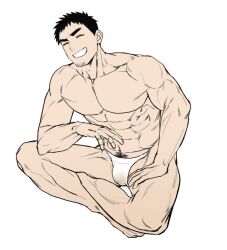 Rule 34 | 1boy, abs, anjingkuxiao, bara, black hair, briefs, closed eyes, crossed legs, dirty, dirty clothes, facial hair, facing ahead, full body, goatee stubble, grin, large pectorals, male focus, male pubic hair, male underwear, mature male, muscular, muscular male, no nipples, pectorals, pee stain, pubic hair, senpai ga uzai kouhai no hanashi, short hair, sideburns, sitting, smile, solo, stubble, takeda harumi (shiromanta), thick eyebrows, topless male, underwear, white background, white male underwear