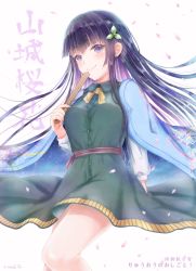 Rule 34 | 10s, 1girl, black hair, blush, bow, bowtie, character name, cherry blossoms, copyright name, dress, floral print, folding fan, green dress, hair ornament, hand fan, holding, kinom (sculpturesky), kugui machi, long hair, long sleeves, looking at viewer, purple eyes, ryuuou no oshigoto!, smile, solo, standing, striped bow, striped bowtie, striped clothes, striped neckwear, twitter username