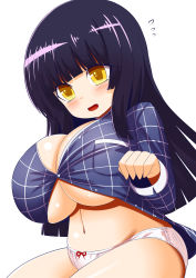 Rule 34 | 1girl, :d, alternate breast size, blue hair, blush stickers, breasts, fang, flying sweatdrops, gero zoukin, highres, hime cut, huge breasts, long hair, navel, open mouth, oppai loli, panties, plaid, plaid shirt, shirt, simple background, smile, solo, star sapphire, touhou, underwear, white background, yellow eyes