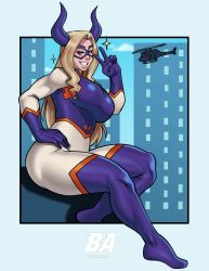 Rule 34 | 1girl, absurdres, aircraft, blazinahegao, blonde hair, bodysuit, boku no hero academia, breasts, domino mask, giant, giantess, grin, hair intakes, hand on own hip, helicopter, highres, horns, impossible bodysuit, impossible clothes, large breasts, lips, long hair, mask, mount lady, purple eyes, sitting, skin tight, smile, v