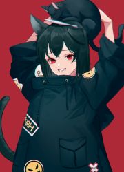 Rule 34 | 1girl, :d, animal, animal ears, animal on head, arms up, black cat, black hair, cat, cat ears, cat girl, cat on head, cat tail, clothes writing, drawstring, fangs, fish, highres, long sleeves, looking at viewer, mouth hold, on head, open mouth, original, pocket, red background, red eyes, sarina matsumura, simple background, smile, solo, sticker, tail, turtleneck, upper body