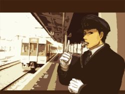 Rule 34 | 1boy, black hair, copyright request, gloves, graphite (medium), hat, letterboxed, looking at viewer, male focus, mechanical pencil, necktie, outdoors, pencil, pointing, pointing up, railroad tracks, short hair, sketch, solo, tmch, traditional media, train, train attendant, train station, travel attendant, whistle