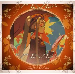 Rule 34 | 1girl, arrow (symbol), asterisk (symbol), autumn leaves, beret, blue background, book, border, brown hat, brown jacket, bug miku (project voltage), closed eyes, creatures (company), dated, floral print, from side, game freak, green hair, hat, hatsune miku, haun, holding, holding book, inset border, jacket, long hair, long sleeves, music, nintendo, open mouth, orange background, pokemon, profile, project voltage, shirt, sidelocks, singing, solo, tree, twintails, vocaloid, white shirt