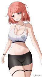 Rule 34 | 1girl, absurdres, bare shoulders, bike shorts, blush, breasts, cleavage, highres, large breasts, looking at viewer, navel, nintendo, non-web source, pyra (xenoblade), red eyes, red hair, short hair, smile, solo, sports bra, super smash bros., swept bangs, white background, xenoblade chronicles (series), xenoblade chronicles 2, yissou art