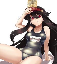 Rule 34 | 1girl, bad id, bad pixiv id, bare arms, bare legs, bare shoulders, black hair, blue one-piece swimsuit, breasts, covered navel, fate/grand order, fate (series), hair between eyes, hat, highres, impossible clothes, long hair, looking at viewer, medium breasts, name tag, oda nobunaga (fate), oda nobunaga (koha-ace), old school swimsuit, one-piece swimsuit, peaked cap, red eyes, school swimsuit, shimomoto, sitting, smile, solo, swimsuit, thighs