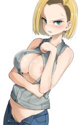 Rule 34 | 1girl, android 18, anger vein, annoyed, areola slip, blonde hair, blue eyes, blush, commentary, dragon ball, dragonball z, earrings, female pubic hair, jewelry, looking at viewer, nipple slip, nipples, pubic hair, pubic hair peek, reona (mesuinupoke), solo, unbuttoned