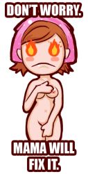 Rule 34 | 1girl, artist request, blush, blush stickers, breast hold, breasts, brown hair, caption, cooking mama, cover, covering privates, covering breasts, covering crotch, cropped legs, english text, flaming eyes, looking at viewer, mama (cooking mama), medium breasts, nipples, nude, short hair, simple background, solo, source request, standing, swept bangs, text focus, white background