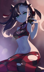 Rule 34 | 1girl, :o, asymmetrical bangs, black hair, black nails, breasts, choker, creatures (company), crop top, dusk ball, floating hair, game freak, green eyes, groin, gym leader, hair ribbon, highres, holding, holding poke ball, jewelry, looking at viewer, marnie (pokemon), midriff, nail polish, navel, nintendo, nuneno, parted lips, pendant, poke ball, pokemon, pokemon swsh, red ribbon, ribbon, sitting, small breasts, solo, sports bra, torn clothes, twintails, two side up, wariza