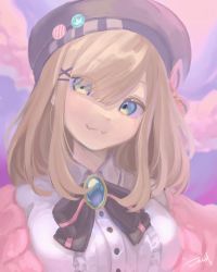 Rule 34 | 1girl, :3, beret, black bow, black hat, bow, breasts, brown hair, cloud, collared shirt, commentary, deum, english commentary, hat, highres, looking at viewer, medium breasts, medium hair, nijisanji, pink sweater, portrait, shirt, sky, solo, suzuhara lulu, suzuhara lulu (1st costume), sweater, virtual youtuber, white shirt