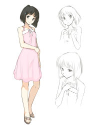 Rule 34 | 1girl, bare shoulders, black hair, blunt bangs, blush, character sheet, denchuubou, dress, female focus, full body, hair ornament, hairclip, looking at viewer, multiple views, new horizon, official art, okada yumi, partially colored, pink dress, sandals, short hair, simple background, smile, upper body, white background