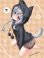 Rule 34 | 10s, 1girl, ?, animal hood, barefoot, blue eyes, blush, checkered background, hibiki (kancolle), highres, hood, kantai collection, kneeling, long hair, looking at viewer, pom pom (clothes), sasachin (k+w), sitting, solo, spoken question mark, tail, twitter username, wariza, white hair