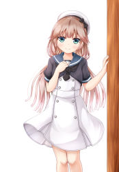 Rule 34 | 1girl, aqua eyes, black ribbon, black sailor collar, blue sailor collar, blunt bangs, blush, character request, closed mouth, comiching, dress, feet out of frame, hand on own chest, hat, hat ribbon, highres, kantai collection, long hair, looking at viewer, low twintails, ribbon, sailor collar, short sleeves, simple background, smile, solo, standing, twintails, very long hair, white background, white dress, white hat