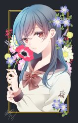 Rule 34 | 1girl, anemone (flower), black background, blue flower, blue hair, bow, brown bow, brown sailor collar, commentary, fingernails, flower, highres, holding, holding flower, long hair, long sleeves, looking at viewer, original, parted lips, pink flower, purple flower, red eyes, red flower, sailor collar, sheepd, shirt, signature, solo, upper body, white flower, white shirt