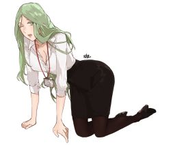 Rule 34 | 1girl, alternate costume, breasts, cleavage, fire emblem, fire emblem: three houses, full body, green eyes, green hair, high heels, highres, kneeling, large breasts, long hair, looking at viewer, nintendo, office lady, one eye closed, open mouth, pantyhose, rhea (fire emblem), sakuremi, simple background, skirt, solo, white background