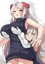 Rule 34 | 2girls, :&lt;, :d, absurdres, azur lane, bare arms, bare shoulders, black sweater, blue dress, blunt bangs, blush, blush stickers, breast lift, breasts, brown eyes, chestnut mouth, closed mouth, dress, gloves, gradient background, grey background, grey hair, hair between eyes, headgear, headpiece, highres, large breasts, long hair, long sleeves, mole, mole under eye, moyoron, multicolored hair, multiple girls, open mouth, panties, pink panties, prinz eugen (azur lane), puffy long sleeves, puffy sleeves, red hair, ribbed sweater, sleeveless, sleeveless dress, sleeveless sweater, sleeveless turtleneck, smile, streaked hair, sweater, turtleneck, turtleneck sweater, two side up, underwear, v-shaped eyebrows, very long hair, white background, white gloves, white sleeves, yellow eyes, z46 (azur lane)