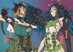 Rule 34 | 2girls, :d, ammunition belt, android, armor, armpits, bare hips, belt, black choker, black hair, black wings, blouse, blue background, blue eyes, blush, bob cut, breastplate, breasts, bright pupils, character request, choker, cleavage, commentary request, copyright request, cowboy shot, crazy eyes, crazy grin, crop top, evil, facial mark, fangs, flipped hair, gradient background, gradient hair, green belt, green serafuku, green shirt, grey ribbon, hair ornament, hair ribbon, hat, kantai collection, katsuragi (kancolle), long hair, looking at viewer, maya (kancolle), mechanical armpits, mechanical arms, mechanical ears, mechanical parts, midriff, mini hat, multicolored hair, multiple girls, navel, neck ribbon, open mouth, outstretched arms, ponytail, purple background, raised eyebrow, raised eyebrows, red choker, ribbon, ringed eyes, sailor collar, sailor hat, school uniform, serafuku, sharp teeth, shion humine, shirt, short hair, single mechanical arm, skin fangs, smile, spread arms, staring, striped ribbon, studded choker, swept bangs, t-pose, teeth, tongue, translation request, turret, two-tone hair, v-shaped eyebrows, valve, weapon, white pupils, white ribbon, wings, x hair ornament