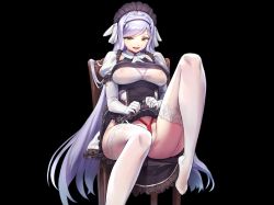 Rule 34 | 1girl, artist request, black lilith (last origin), blush, breasts, garter straps, large breasts, last origin, long hair, looking at viewer, no panties, official art, open mouth, see-through, sitting, solo, thick thighs, thighhighs, thighs, transparent background, very long hair, white thighhighs