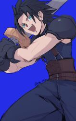 Rule 34 | 1boy, armor, black shirt, blue background, blue eyes, final fantasy, final fantasy vii, highres, holding, holding sword, holding weapon, long bangs, looking at viewer, male focus, open mouth, over shoulder, shirt, shoulder armor, simple background, sleeveless, sleeveless shirt, solo, spiked hair, sword, sword over shoulder, turtleneck, twitter username, upper body, vani (hisha 04), weapon, weapon over shoulder, zack fair